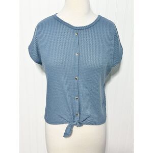 Crown of Hearts Women's Salina Tie‎ Front Button-Down Waffle Knit Top Blue Large